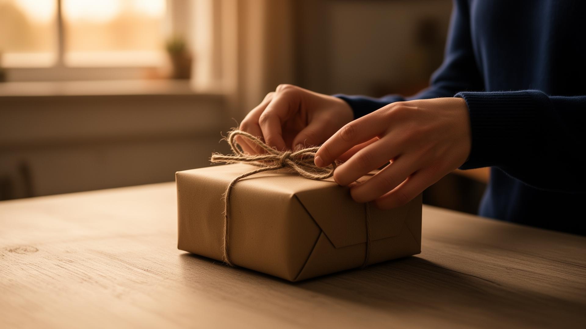 Hands wrapping a care package for someone inside